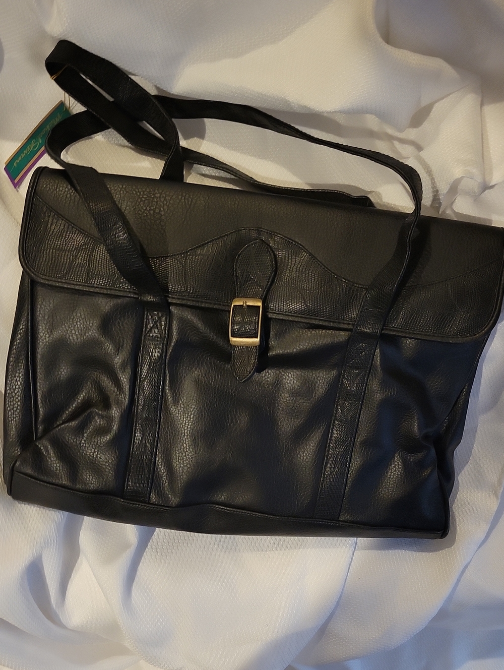 Black Leather Messenger Bag with Buckle Accent - Brand Unspecified